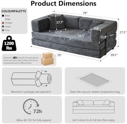 79" Boneless Couch for Living Room, Futon Sleeper Sofa Bed