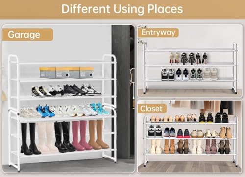 3-Tier Long Shoe Rack for Closet Metal Shoe Organizer for Entryway, Wide Stackable Shoe Storage Shelf with Sturdy Wire Grid for Closet Floor, Bedroom, White