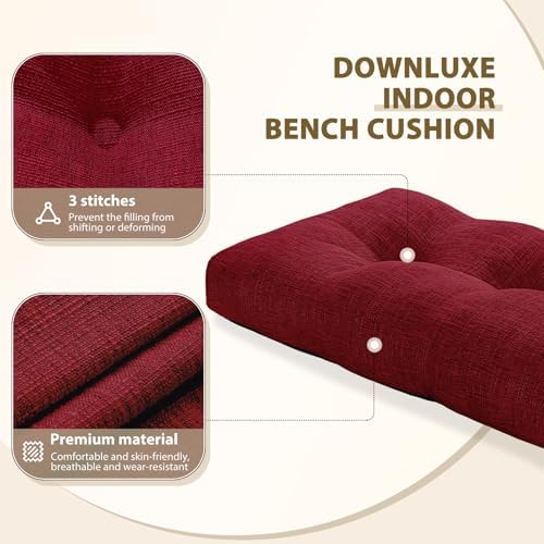 downluxe Indoor Bench Cushion for Indoor Furniture, Non-Slip Tufted Overstuffed Textured Foam Bench Seat Cushion, 36" X 14" X 4", Burgundy, 1 Pack