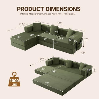 108" Modular Sectional Sofa Bed, L-Shaped Boneless Couch, Green