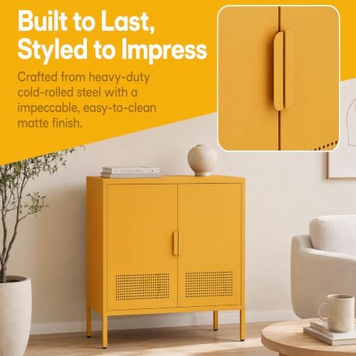 Yellow 2 Door Metal Storage Cabinet, Ventilated Accent Locker with 2 Adjustable Shelves, Freestanding 3 Tier Storage Sideboard Cabinet for Living Room Kitchen Bedroom Entryway Office