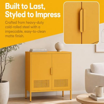 Yellow 2 Door Metal Storage Cabinet, Ventilated Accent Locker with 2 Adjustable Shelves, Freestanding 3 Tier Storage Sideboard Cabinet for Living Room Kitchen Bedroom Entryway Office