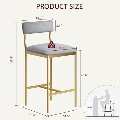Elegant Bar Stools Set of 2 – Gold & Velvet Gray Upholstered Chairs with Backrest and Footrest – 25.5" Counter Height – Metal Frame – Ideal for Kitchen Island, Dining Room – Two-Pack Bar Chairs
