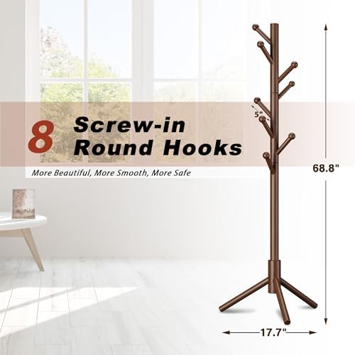 8-Hook Freestanding Coat Rack 3 Heights Safe Round Tips Brown