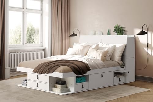 memomad Bali Chest Set: Bed + Storage Headboard, Full Size, Matte White
