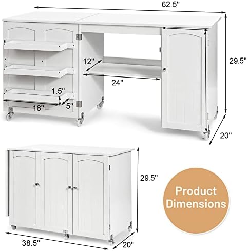 GIANTEX 62.5" Large Folding Sewing Table with Storage Cabinet & Shelves