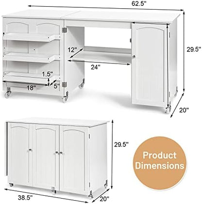 GIANTEX 62.5" Large Folding Sewing Table with Storage Cabinet & Shelves