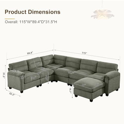 HAOMARKETS Oversized Modular Sectional Sofa with Movable Ottoman, Corduroy U Shaped Sectional Couches, 7-Seater Modular Sofas with Reversible Chaises for Living Room