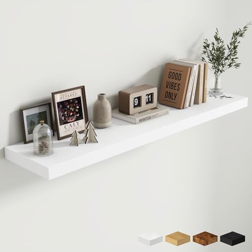 10 Inch Deep Shelves, Floating Shelves for Wall 48 Inches Long, Wood Floating Shelves for Wall, Large Storage Shelves Wall Mount for Living Room Bedroom, White, Set of 1