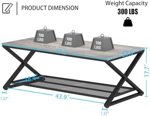 LVB Industrial Coffee Table, Metal Center Table, 47 inch, Light Grey Oak