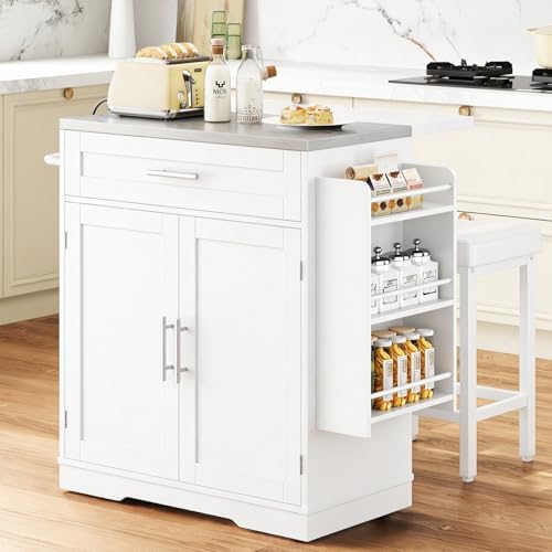 41'' Rolling Kitchen Island with Seating and Stainless Steel Countertop, Folding Drop Leaf, Bar Stool, Power Outlet, Spice/Towel Rack, White