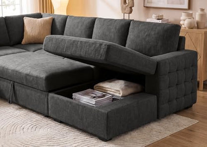 HONBAY Sectional Couch with Pull Out Bed, U-Shaped Sectional Sleeper Sofa with Storage, 6 Seater Sectional Sofa Bed, Mid-Grey
