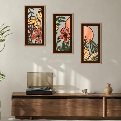 IARTTOP Wood Floral Framed Wall Art 8x16 Inch Set of 3 Abstract Green Leaf Butterfly Wooden Wall Decor Minimalist Nature Landscape Artwork for Living room Bedroom Dining room