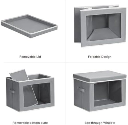 Stackable Storage Bins with Lids - Medium Storage Box with Lids, Foldable Closet Boxes for Organizing, Wardrobe Clothes Organizer with Window, Cubes Bins for Living Room, 5 Pack, Grey
