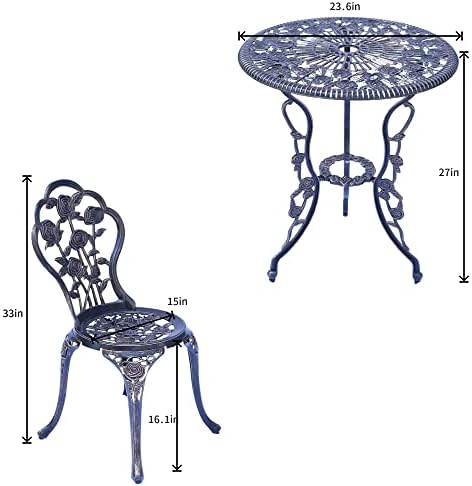 KAILI Outdoor Furniture Bistro Set with Rose Pattern 1 Table 2 Chairs for Garden Patio Porch (Rose-Bronzed)