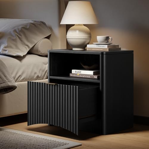 Evermagin Fluted Nightstand Set of 2 with Charging Station, Black