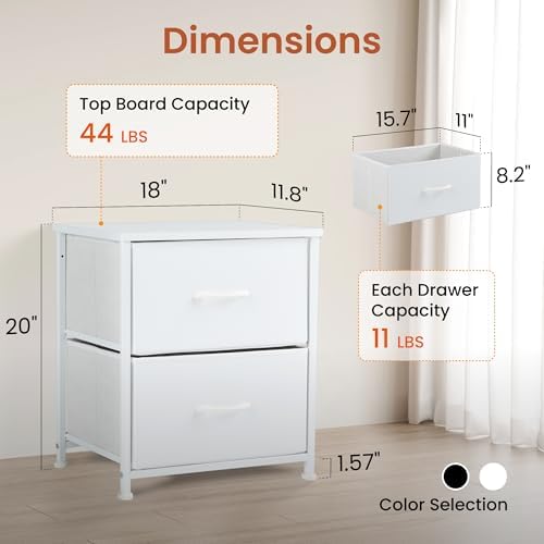 Hexago Nightstand Small Dresser with 2 Fabric Drawers Side Table, Nightstand Storage Chest, Bedroom End Table Kids Bedside Storage Furniture for Closet, Entryway, Dorm, White, 2 Pack