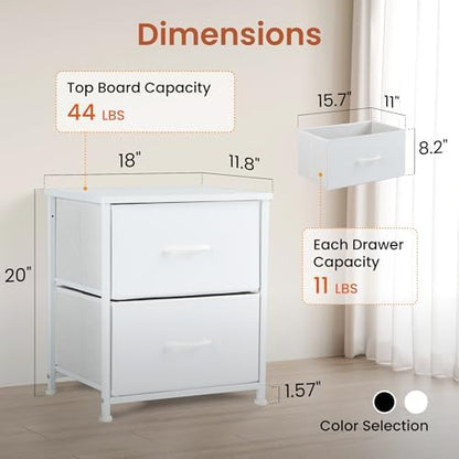 Hexago Nightstand Small Dresser with 2 Fabric Drawers Side Table, Nightstand Storage Chest, Bedroom End Table Kids Bedside Storage Furniture for Closet, Entryway, Dorm, White, 2 Pack