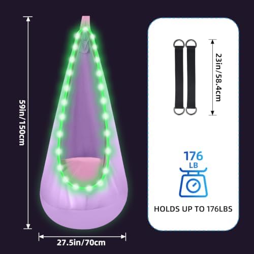 Light Up Kids Pod Swing, Cotton Hammock w/LED, Indoor Outdoor Light Purple