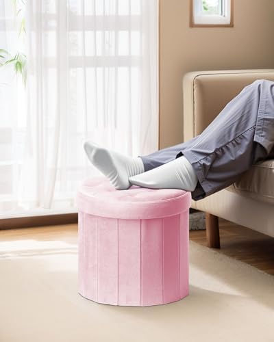 Bsketa Round Storage Ottoman, 14" Folding Velvet Foot Stool Rest,Pink