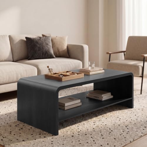 48" Coffee Table with Open Storage Shelf, 2-Tier Minimalist Wooden Coffee Tables with Curved Profile Design, Modern Rectangular Center Table for Living Room, Office, Black Grey