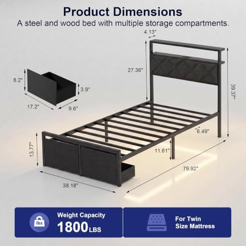 Twin Bed Frame with LED Lights, Charging Station & 2 Storage Drawers, Metal Platform with Upholstered Headboard, No Box Spring Needed, Easy Assembly