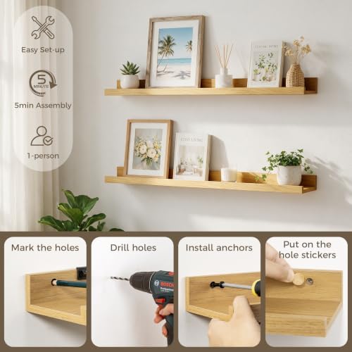 Picture Ledge Shelf, 44'' Oak Floating Shelves with Lip Set of 2