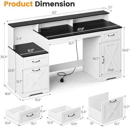 YOUDENOVA 63 Inch Farmhouse Computer Desk with Drawers & Power Outlets, Large Desk with Monitor Stand & Printer Shelf, Modern Office Desk Workstation with File Cabinet for Home Office, Black & White