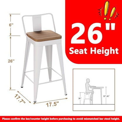 WENTMENT Bar Stools Set of 4 Counter Height Bar Stools Metal Barstools with Removable Back 26" Kitchen Bar Stools with Wooden Seat, Off White