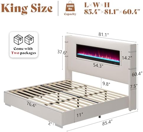 AMERLIFE King Bed Frame with Fireplace, Upholstered Headboard, Cream