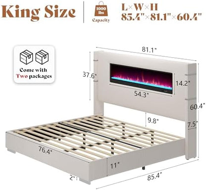 AMERLIFE King Bed Frame with Fireplace, Upholstered Headboard, Cream