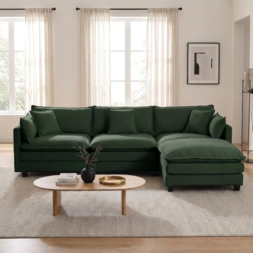 Modern 113" L Shaped Sectional Sofa Cloud Couch, Comfy Chenille Modular Sleeper Sofa, Upholstery Sofa with Ottoman & Memory Foam for Living Room, Green