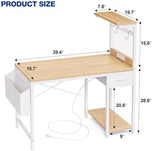 Grandder Computer Desk 40 Inch with Power Outlet and LED Light Oak