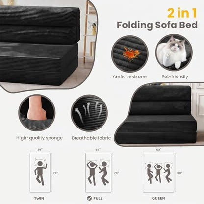 JUIKURY Folding Sofa Bed, Convertible Sleeper Chair with Pilow Foldable Matress, 2 in 1 Pull Out Loveseat Sofa Portable Fold Out Chair Bed Floor Couch Lounge for Living Room (Black, Full)