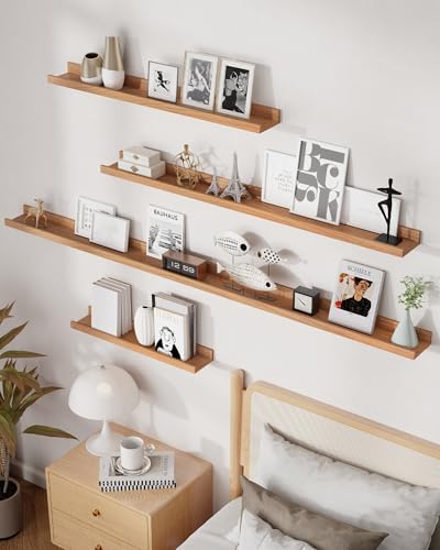 Cherry Picture Ledge Shelf, 55 Inch Floating Shelves Set of 2, Solid Wood Wall Shelves with Lip, Wall Decor Storage for Bedroom Living Room Bathroom Kitchen Nursery Photo, Natural Cherry