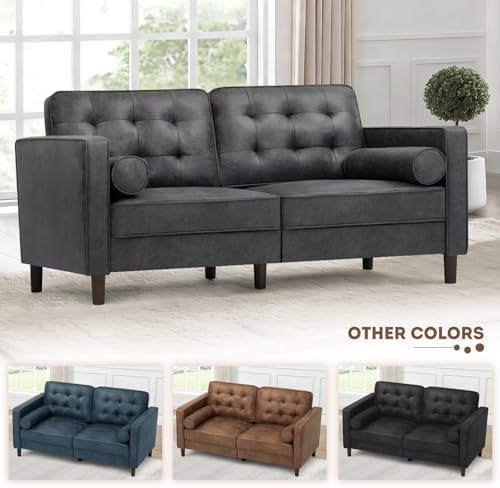 67" Suede Leather Loveseat Sofa with 2 Soft Pillows, Grey
