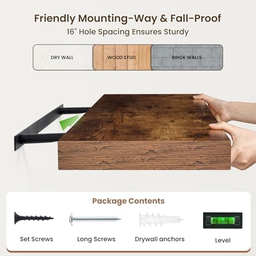 FLYJOE 40 Inch Floating Shelves, 12'' Deep Brown Shelves for Wall Set of 2