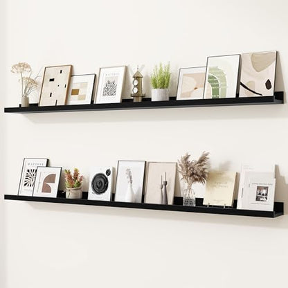 Heimlove Picture Ledge Shelf,56 inch Long Floating Shelves for Wall Set of 2,Black Picture Shelf with Lip for Wall Decor,Living Room,Bedroom,Bookshelf,Nursery,Perfume