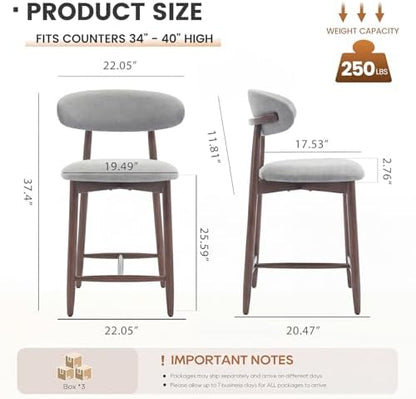 MALOL Counter Height Bar Stools Set of 6, Kitchen Bar Stools with Back, Mid Century Modern Upholstered Barstools with Wood Legs for Kitchen Island Dining Room, Light Grey