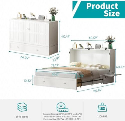 BALUS Queen Murphy Bed, Cabinet Murphy Bed with Large Storage Drawer-White