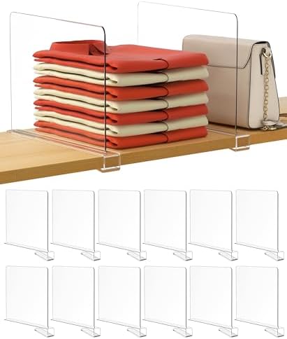 HBlife 12 Inches Tall [Extra Tall Version] Clear Shelf Dividers, 12 Pack Purse Organizer for Closet Perfect for Sweater, Shirts, Handbags, Acrylic Adjustable Bookshelf for Organization