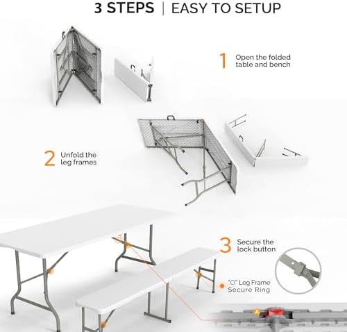 Bonnlo White Folding Picnic Table Set with 2 Benches, 6 Feet Camping Table Chair Set, Modern Portable 3-Piece Furniture for Indoor/Outdoor Use, White Folding Picnic Table with Smooth Tabletop