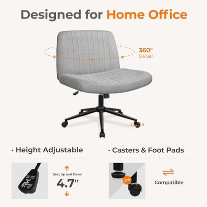 NEO CHAIR Criss Cross Chair with Wheels Armless Cross Legged Office Desk Wide Comfy Vanity Makeup Chair Adjustable Swivel Rolling Computer for Home Office Fabric (Grey)