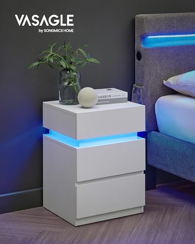 VASAGLE LED Nightstand with Charging Station, Set of 2, 3 Drawers