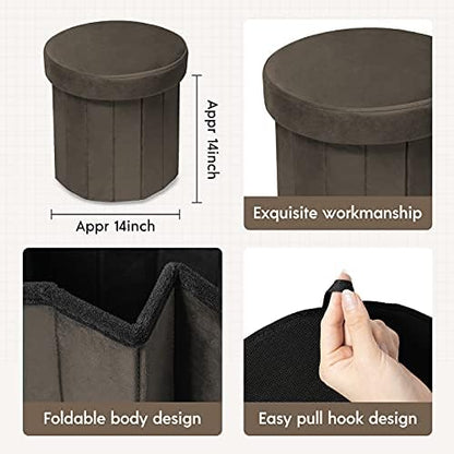 Phantoscope Storage Ottoman Round15 Inch, Velvet Folding Storage Boxes Footrest Foot Ottoman Toy Box, Padded Seat for Dorm Living Room Bedroom, Support 220lbs Coffee
