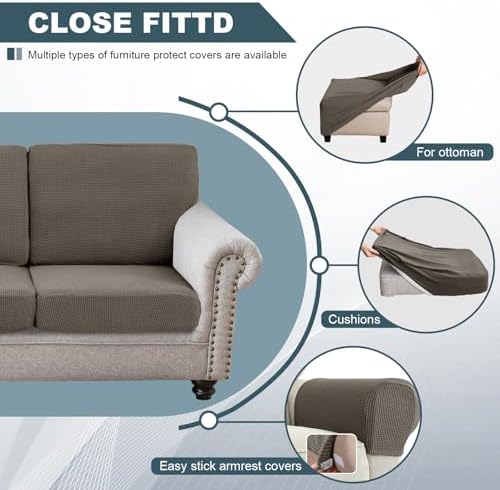 UNBBRRL Seat Cushion Cover and Back Covers for Corner Sofa Stretch Jacquard, Non Slip L Shaped Sofa Slipcover with Storage Ottoman, Sectional Couch Cover for Chaise Lounge (Taupe,31 x 31 x 6”)