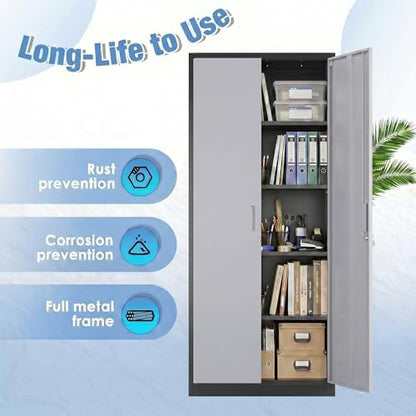 71"H Metal Garage Storage Cabinet,Black&Gray
