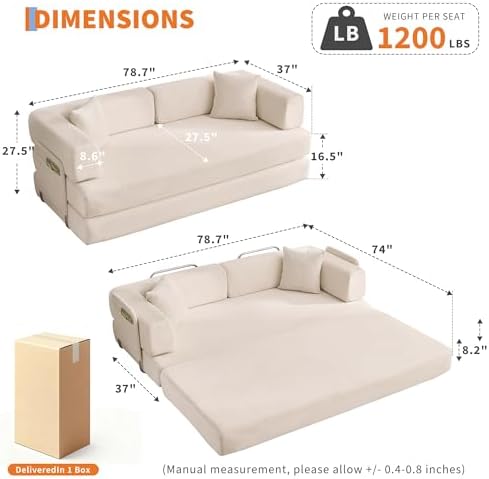 Garvee 5-in-1 Convertible Sofa Bed, 78.8" Modular Corduroy Sleeper with Sturdy Frame & No Assembly, Multi-Functional Futon for Small Space, Living Room & Guest Room (Green) (Beige)