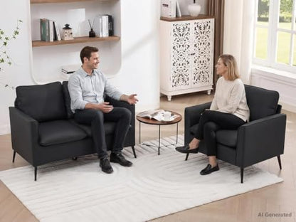 TYBOATLE Leather Loveseat Sofa and Accent Chair Set (Black, 2)