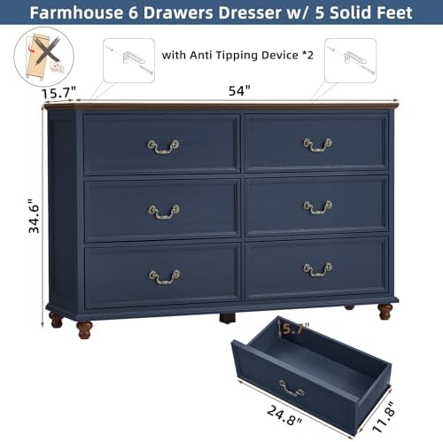 Joaxswe Farmhouse 6 Drawers Dresser for Bedroom, Vintage 54" Wide Chest of Drawers w/ 4 Wooden Legs, Rustic Large Closet Storage Dressers Organizer for Hallway, Wood TV Stand for Living Room, Blue